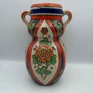 Vintage Takiti Japanese Crackle Hand Painted Ceramic Vase Handles Floral Design‎